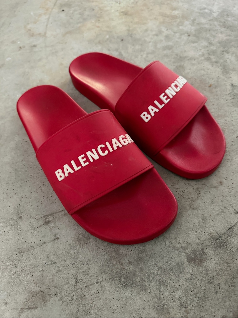 POOL MEN Balenciaga Red Slide Sandals with White Logo - Picture 2 of 4